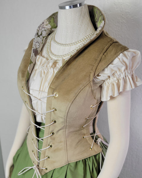 Elizabethan Riding Jacket- Sage Green, Gold, and Cream Brocade