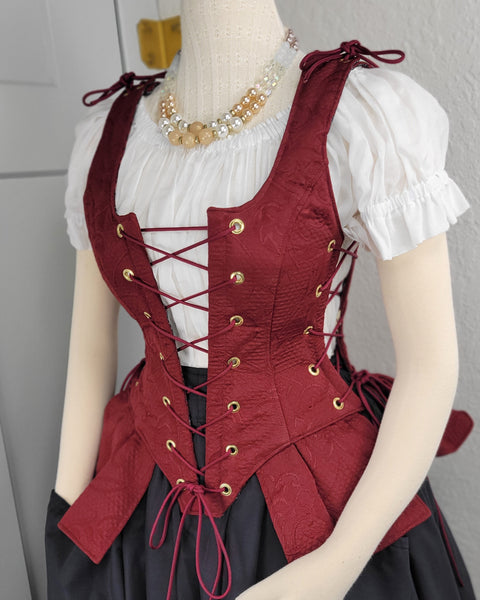 Classic Bodice  with Peplums- Burgundy Jacquard