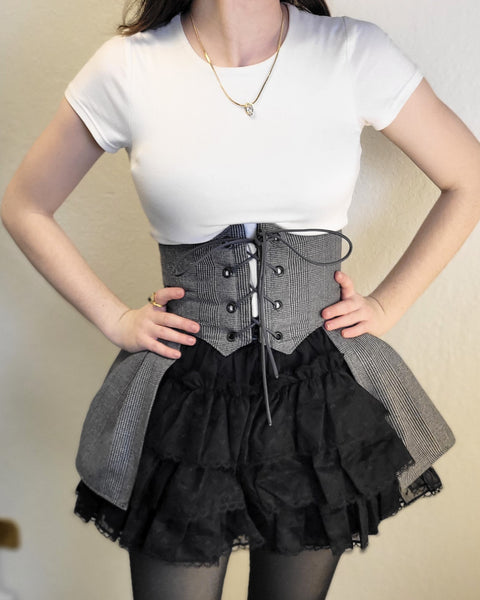 Corset Belt - Grey and Black Plaid Suiting with Pleated Peplums