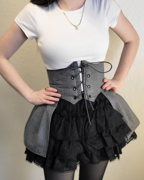 Corset Belt - Grey and Black Plaid Suiting with Pleated Peplums