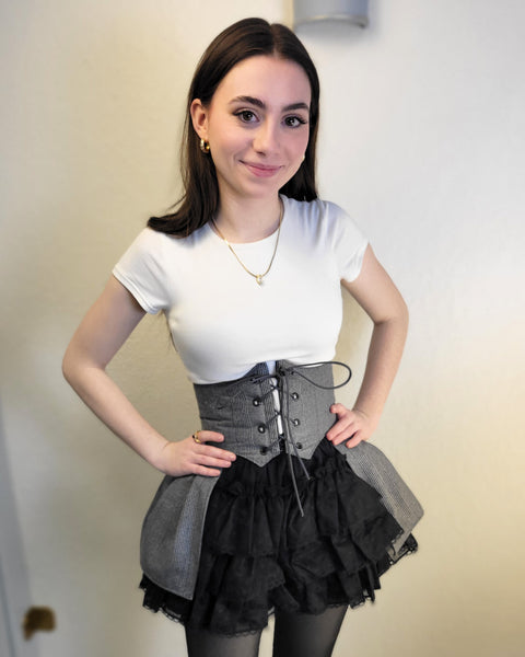 Corset Belt - Grey and Black Plaid Suiting with Pleated Peplums