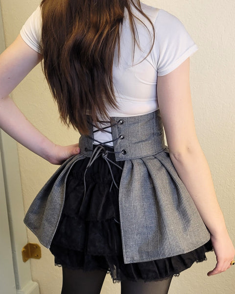 Corset Belt - Grey and Black Plaid Suiting with Pleated Peplums