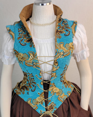 Elizabethan Riding Jacket- Teal and Gold Brocade Chenille