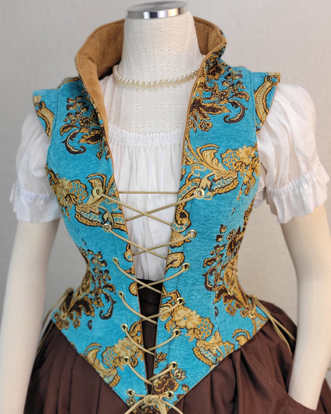 Elizabethan Riding Jacket- Teal and Gold Brocade Chenille