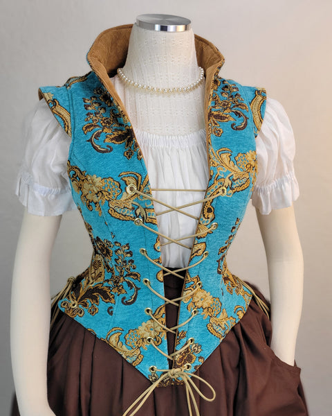 Elizabethan Riding Jacket- Teal and Gold Brocade Chenille