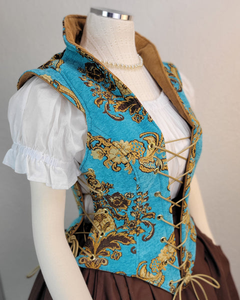 Elizabethan Riding Jacket- Teal and Gold Brocade Chenille