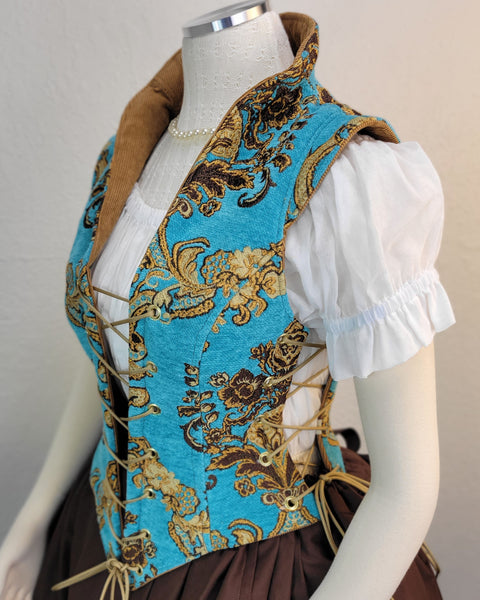 Elizabethan Riding Jacket- Teal and Gold Brocade Chenille