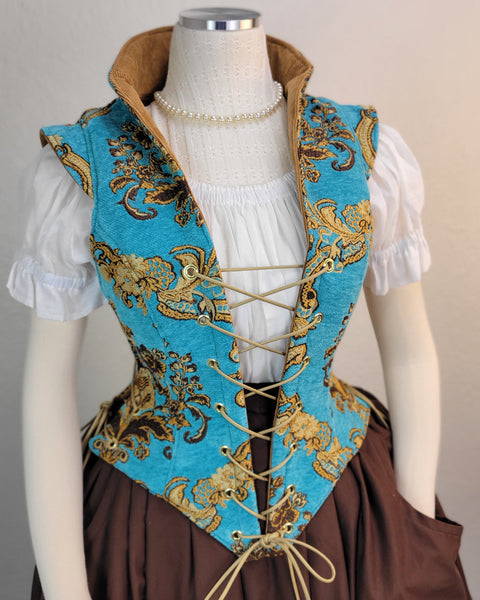 Elizabethan Riding Jacket- Teal and Gold Brocade Chenille