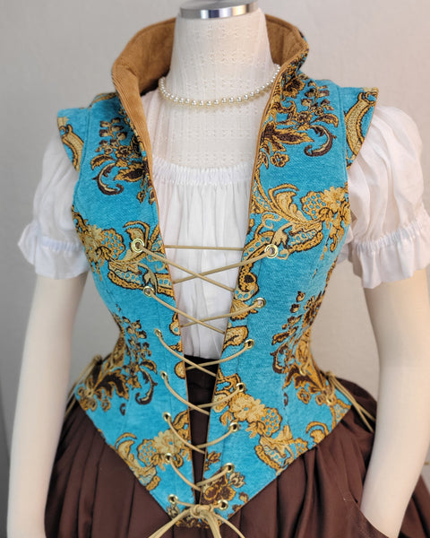 Elizabethan Riding Jacket- Teal and Gold Brocade Chenille