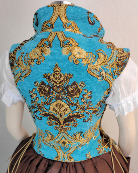 Elizabethan Riding Jacket- Teal and Gold Brocade Chenille