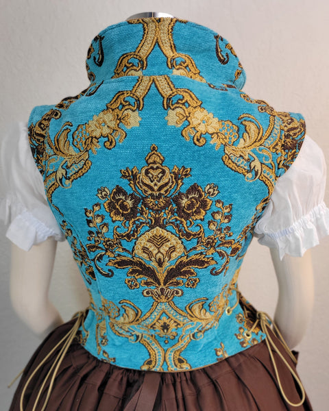 Elizabethan Riding Jacket- Teal and Gold Brocade Chenille