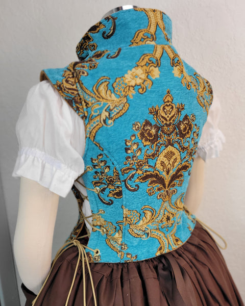 Elizabethan Riding Jacket- Teal and Gold Brocade Chenille