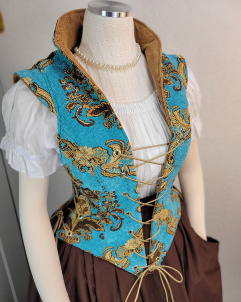 Elizabethan Riding Jacket- Teal and Gold Brocade Chenille