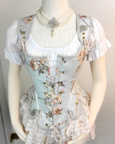 New! Late 18th Century Stays - Pale Blue Grey Floral