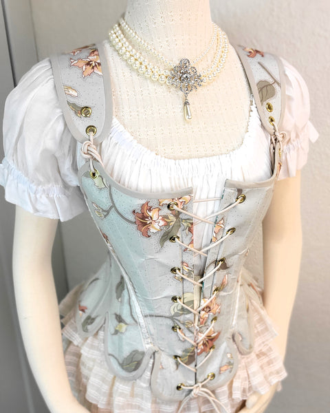 New! Late 18th Century Stays - Pale Blue Grey Floral