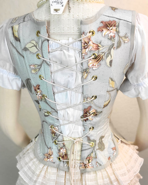 New! Late 18th Century Stays - Pale Blue Grey Floral