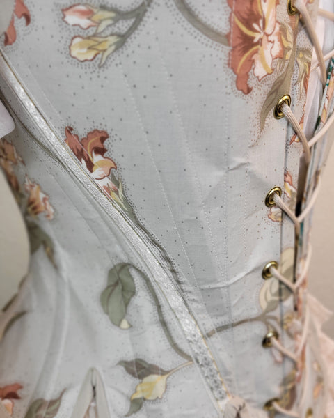 New! Late 18th Century Stays - Pale Blue Grey Floral