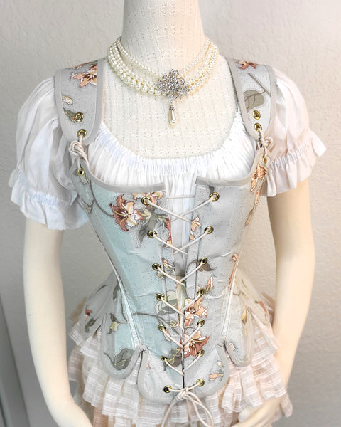 New! Late 18th Century Stays - Pale Blue Grey Floral