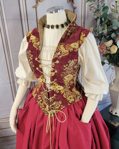 Elizabethan Riding Jacket- Burgundy Chenille Brocade with Gold and Cream