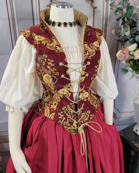 Elizabethan Riding Jacket- Burgundy Chenille Brocade with Gold and Cream