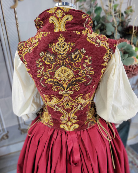 Elizabethan Riding Jacket- Burgundy Chenille Brocade with Gold and Cream