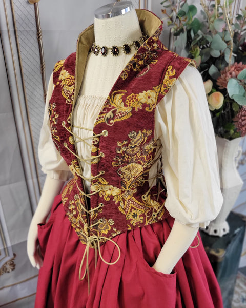 Elizabethan Riding Jacket- Burgundy Chenille Brocade with Gold and Cream