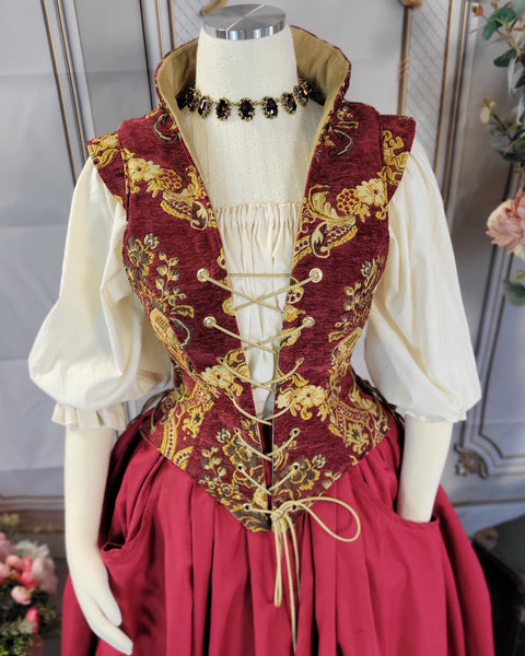 Elizabethan Riding Jacket- Burgundy Chenille Brocade with Gold and Cream