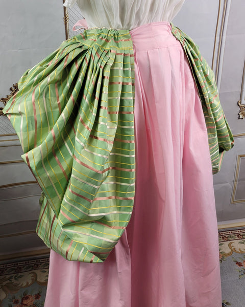 Bustled Over Skirt - Sage and Pink Striped Silk