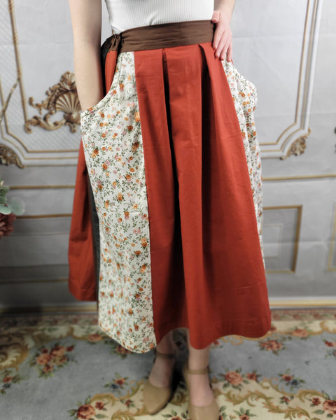 Patchwork Midi Box Pleated Skirt - Tea Length Drawstring Skirt with Pockets