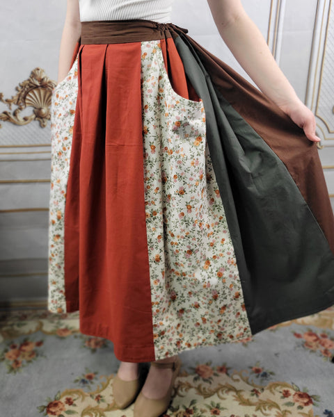 Patchwork Midi Box Pleated Skirt - Tea Length Drawstring Skirt with Pockets