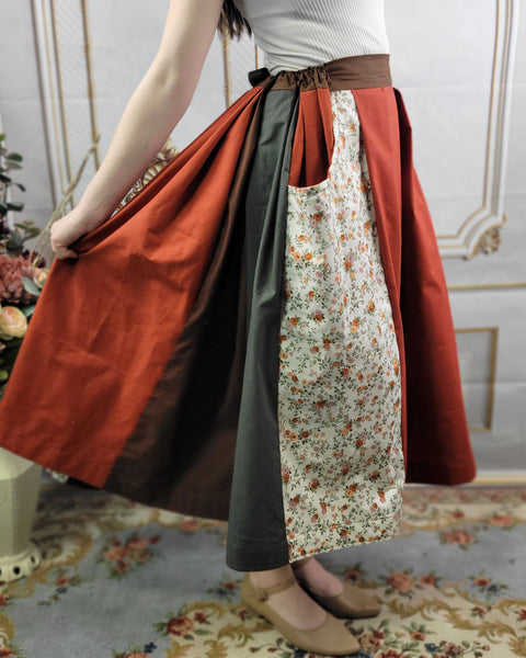 Patchwork Midi Box Pleated Skirt - Tea Length Drawstring Skirt with Pockets