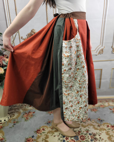 Patchwork Midi Box Pleated Skirt - Tea Length Drawstring Skirt with Pockets