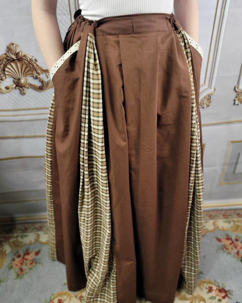 Box Pleated Skirt - Full Length Drawstring Skirt with Pockets Brown with Plaid