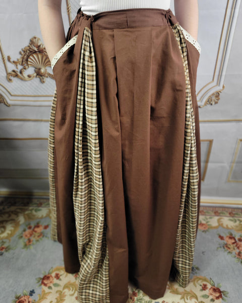 Box Pleated Skirt - Full Length Drawstring Skirt with Pockets Brown with Plaid