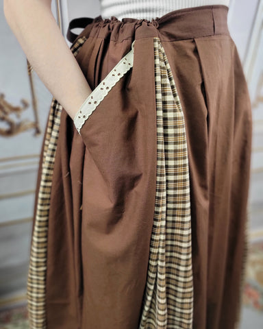 Box Pleated Skirt - Full Length Drawstring Skirt with Pockets Brown with Plaid