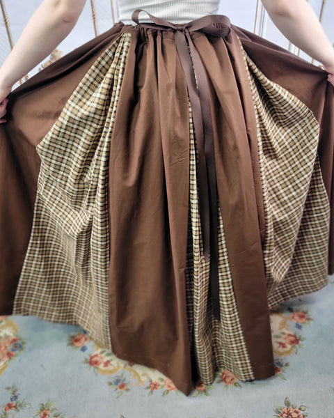 Box Pleated Skirt - Full Length Drawstring Skirt with Pockets Brown with Plaid