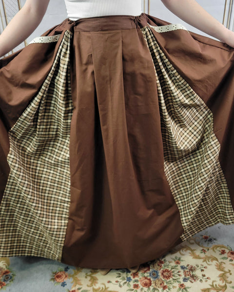 Box Pleated Skirt - Full Length Drawstring Skirt with Pockets Brown with Plaid