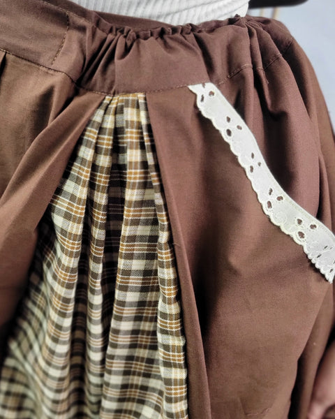 Box Pleated Skirt - Full Length Drawstring Skirt with Pockets Brown with Plaid