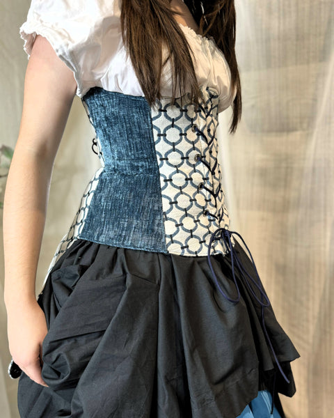 Under Bust Corset - White and Blue with Pirate Tails