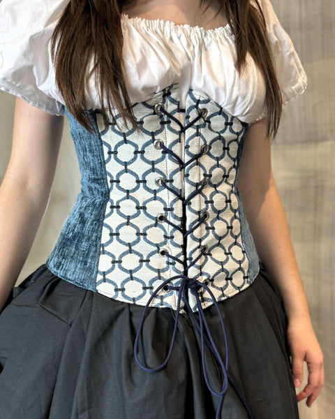 Under Bust Corset - White and Blue with Pirate Tails