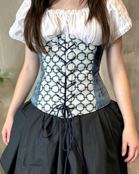 Under Bust Corset - White and Blue with Pirate Tails