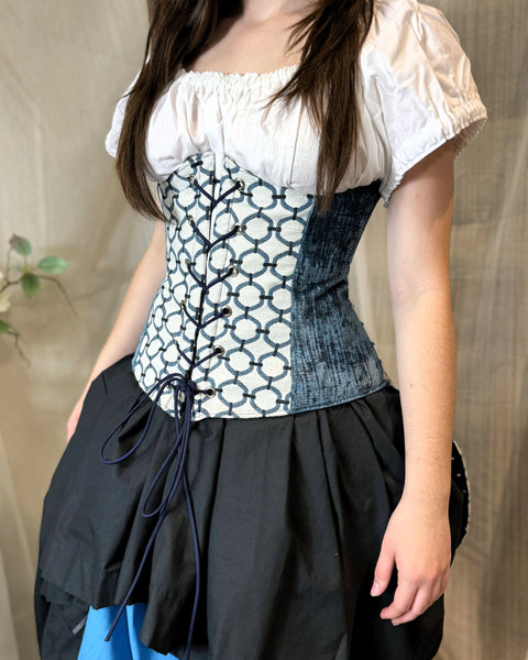 Under Bust Corset - White and Blue with Pirate Tails