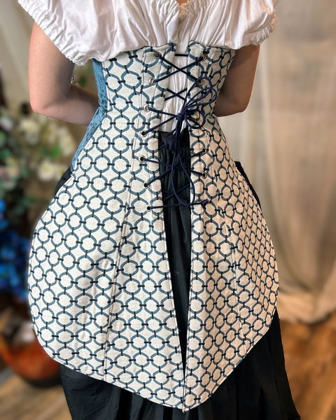 Under Bust Corset - White and Blue with Pirate Tails