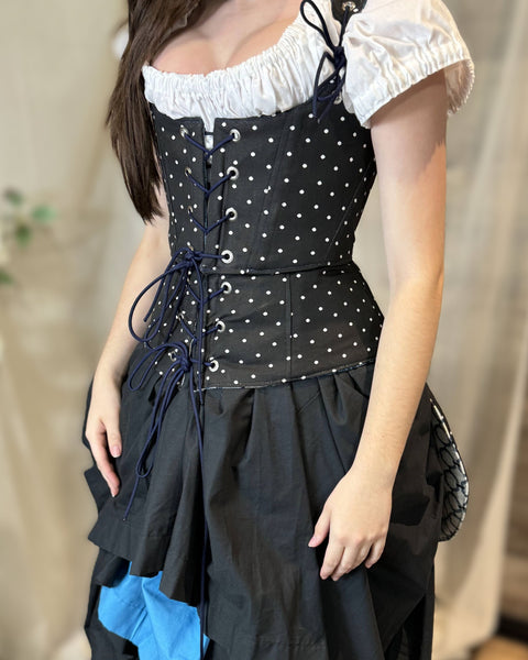 Under Bust Corset - White and Blue with Pirate Tails