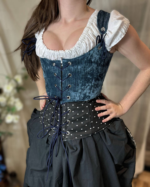 Under Bust Corset - White and Blue with Pirate Tails