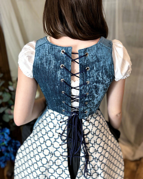 Under Bust Corset - White and Blue with Pirate Tails