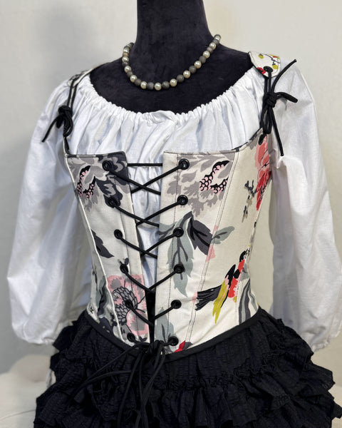 18th Century Short Stays - White with Black, Pink, and Red Floral