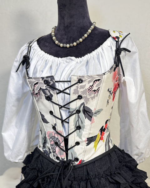 18th Century Short Stays - White with Black, Pink, and Red Floral