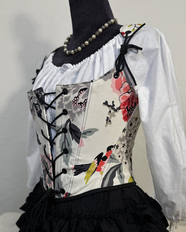 18th Century Short Stays - White with Black, Pink, and Red Floral