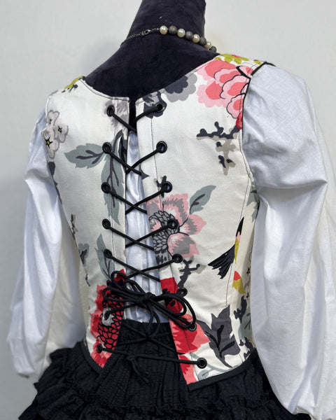 18th Century Short Stays - White with Black, Pink, and Red Floral